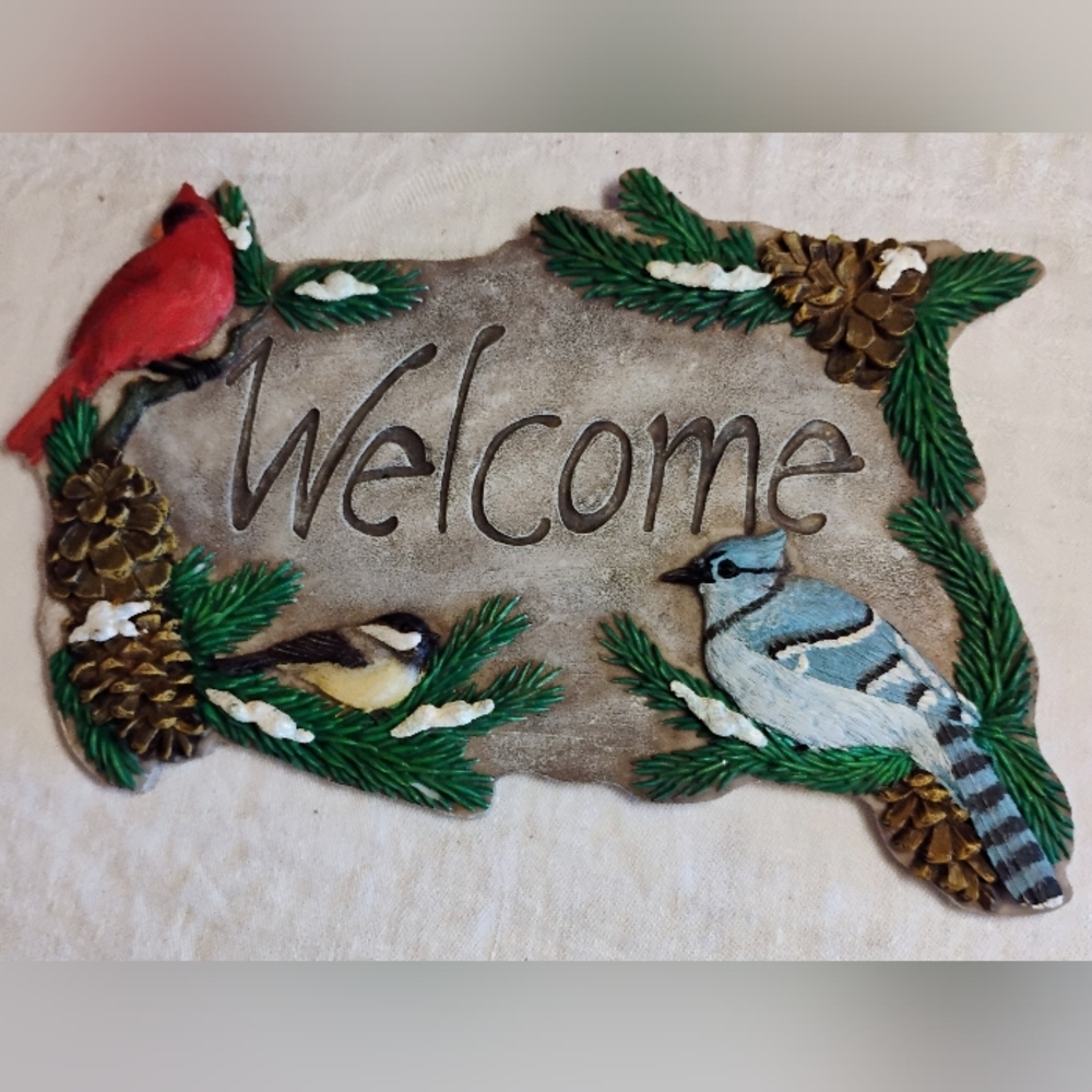 Welcome plaque with birds cardinal blue Jay Chickadee